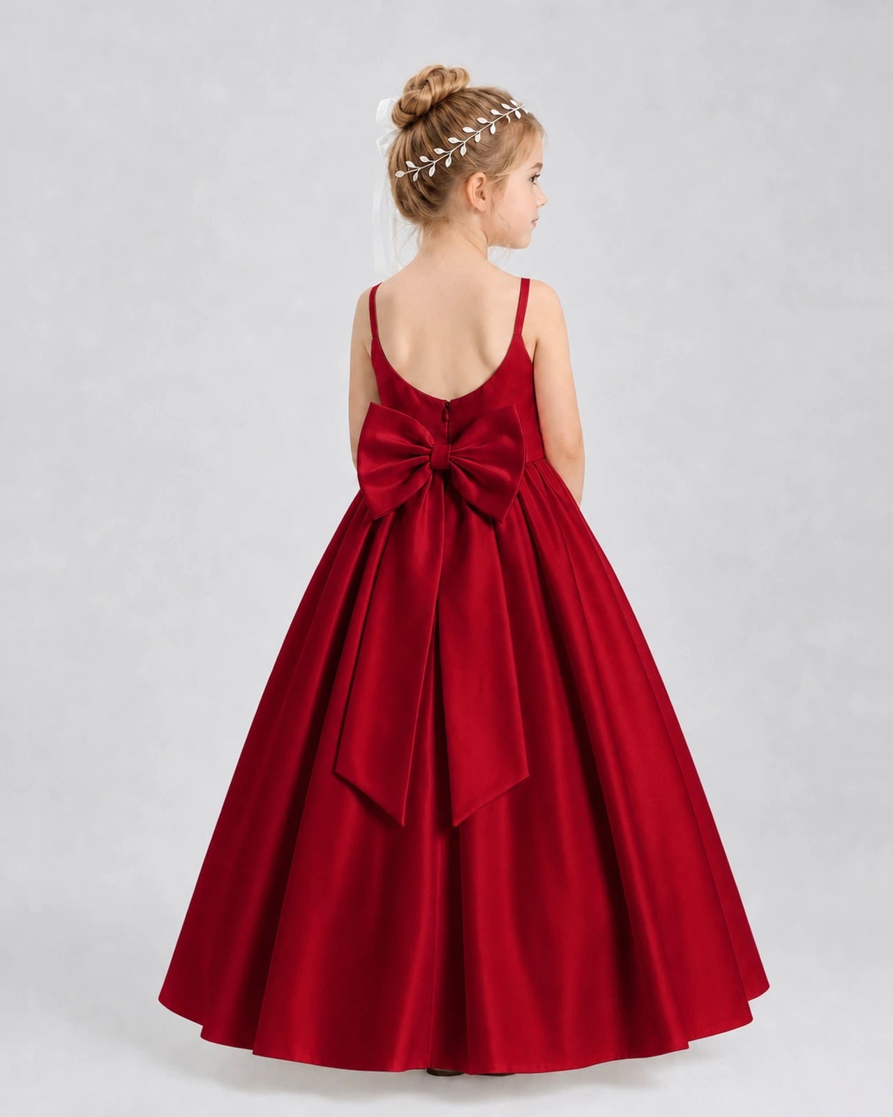 Burgundy Satin A-line Flower Girl Dress Back View