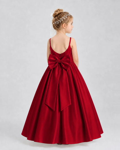 Burgundy Satin A-line Flower Girl Dress Back View