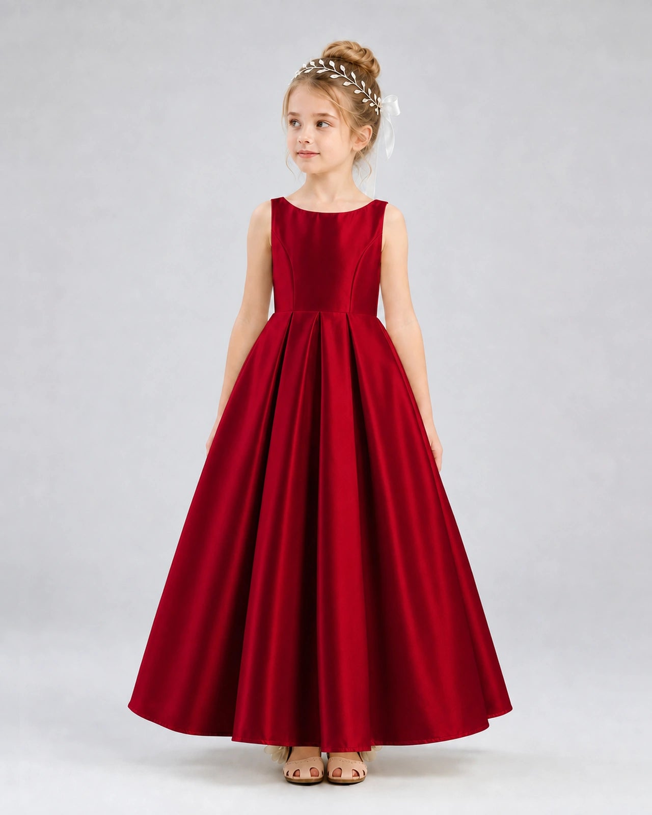 Burgundy Satin A-line Flower Girl Dress Front View
