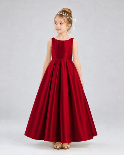 Burgundy Satin A-line Flower Girl Dress Front View