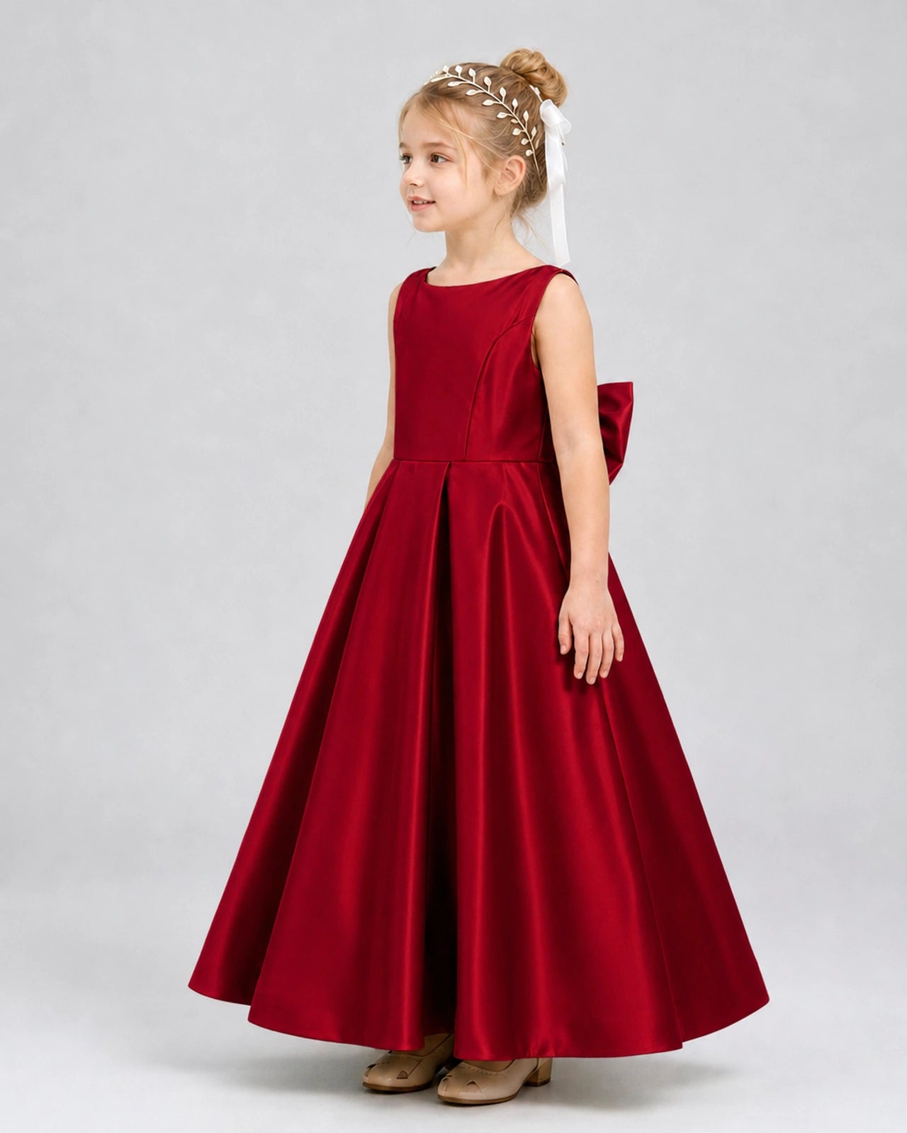 Burgundy Satin A-line Flower Girl Dress Side View