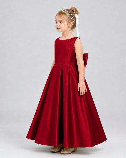 Burgundy Satin A-line Flower Girl Dress Side View