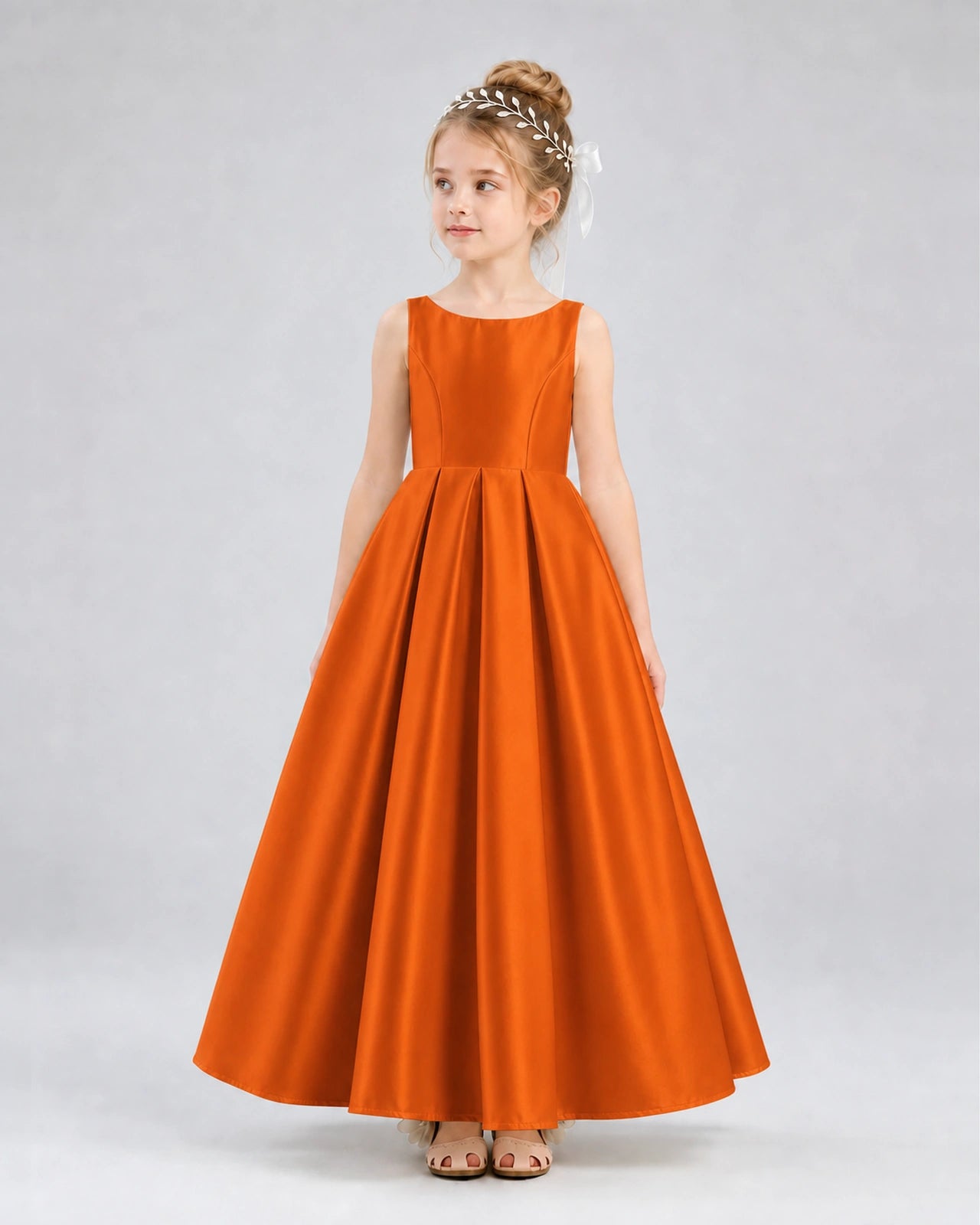 Burnt Orange Satin A-line Flower Girl Dress Front View