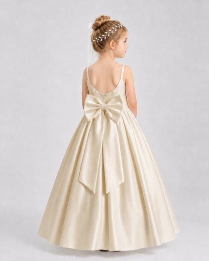 Champagne Satin A-line Flower Girl Dress Back View