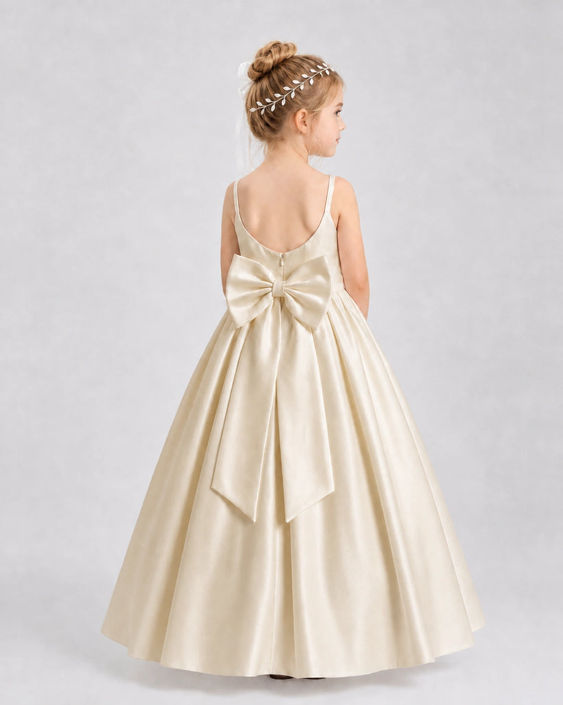 Champagne Satin A-line Flower Girl Dress Back View