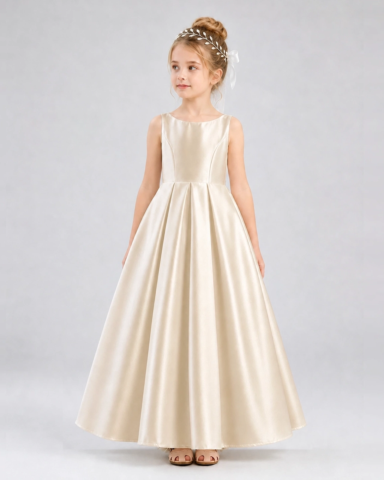 Champagne Satin A-line Flower Girl Dress Front View