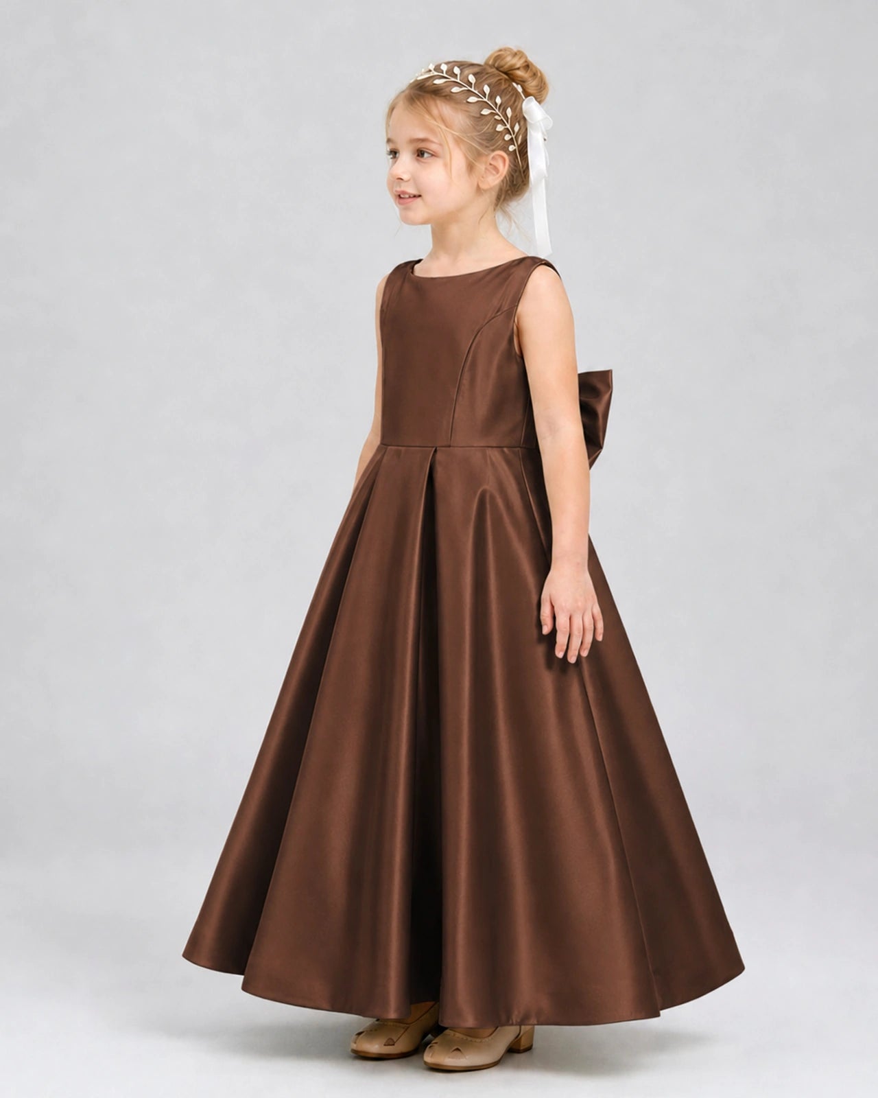 Chocolate Satin A-line Flower Girl Dress Side View