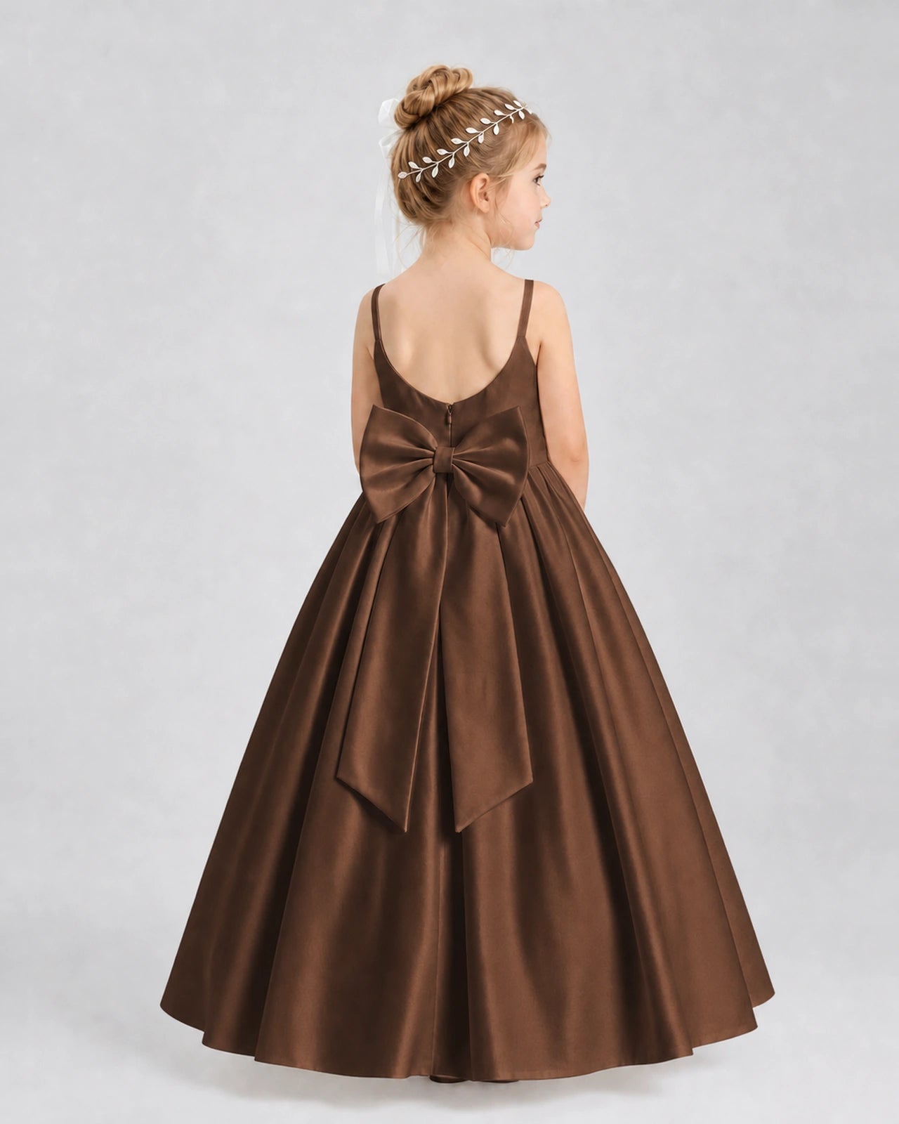 Chocolate Satin A-line Flower Girl Dress Back View
