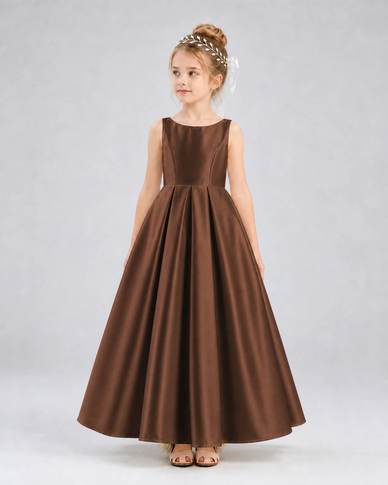 Chocolate Satin A-line Flower Girl Dress Front View