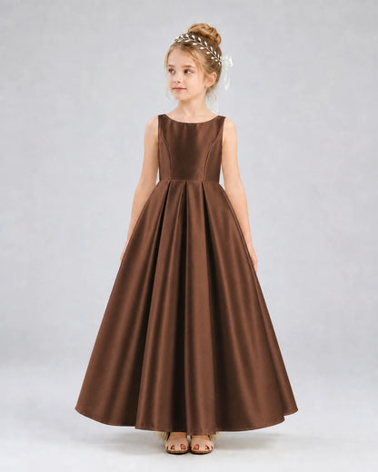 Chocolate Satin A-line Flower Girl Dress Front View