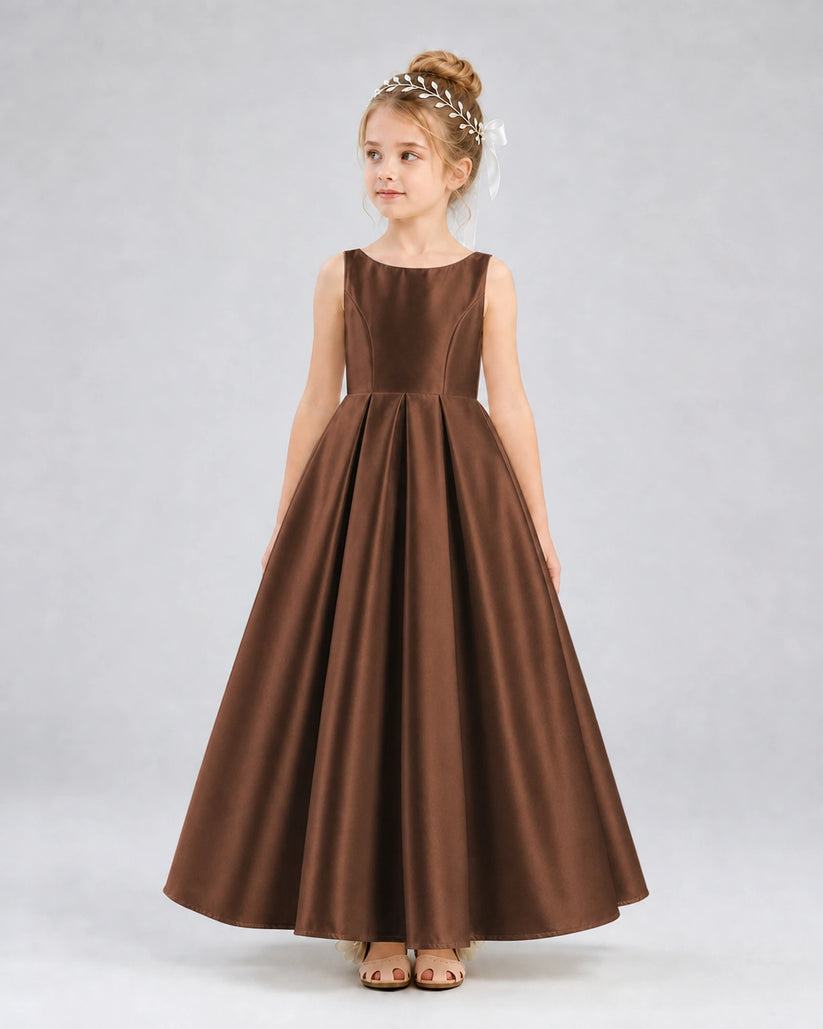 Chocolate Satin A-line Flower Girl Dress Front View