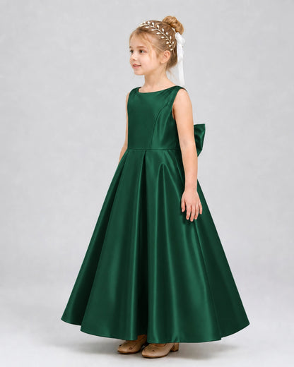 Dark Green Satin A-line Flower Girl Dress Side View
