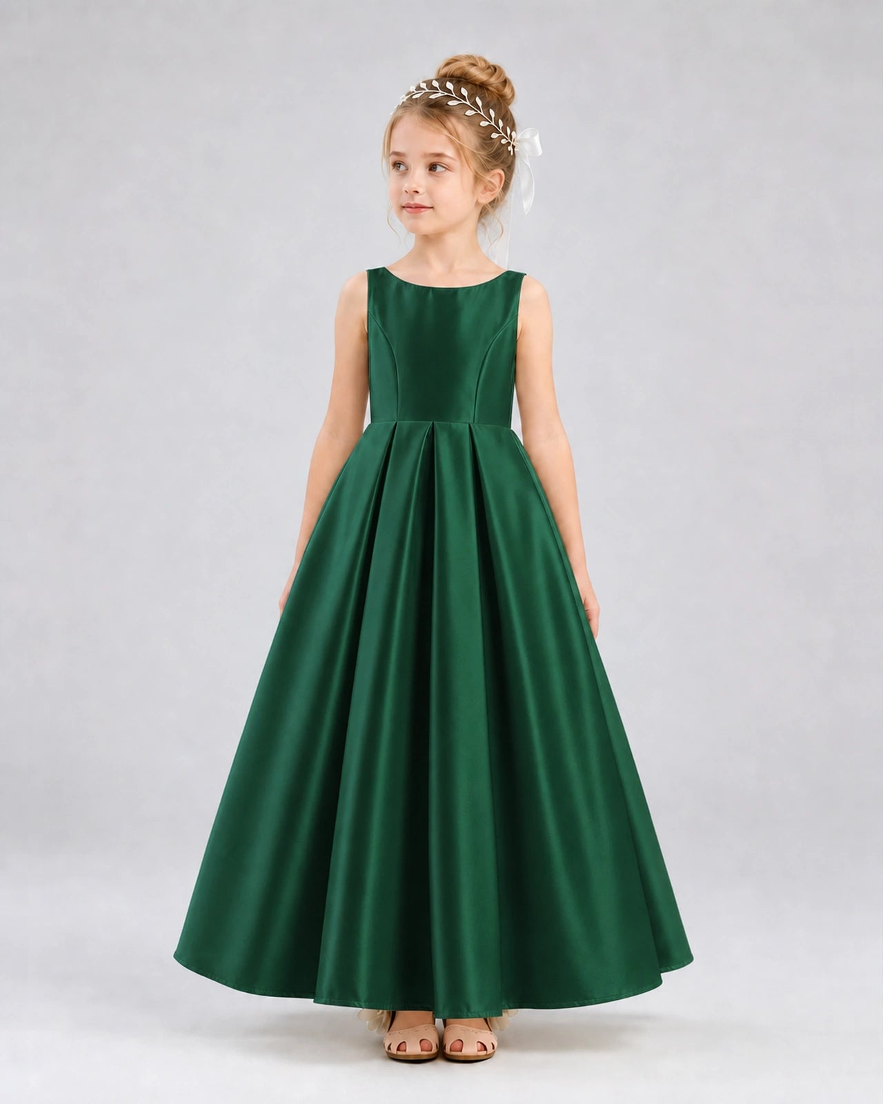 Dark Green Satin A-line Flower Girl Dress Front View