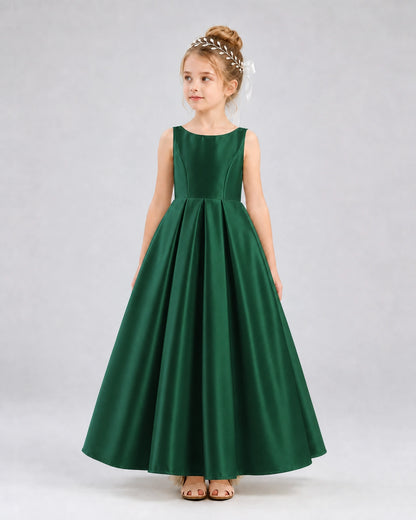 Dark Green Satin A-line Flower Girl Dress Front View
