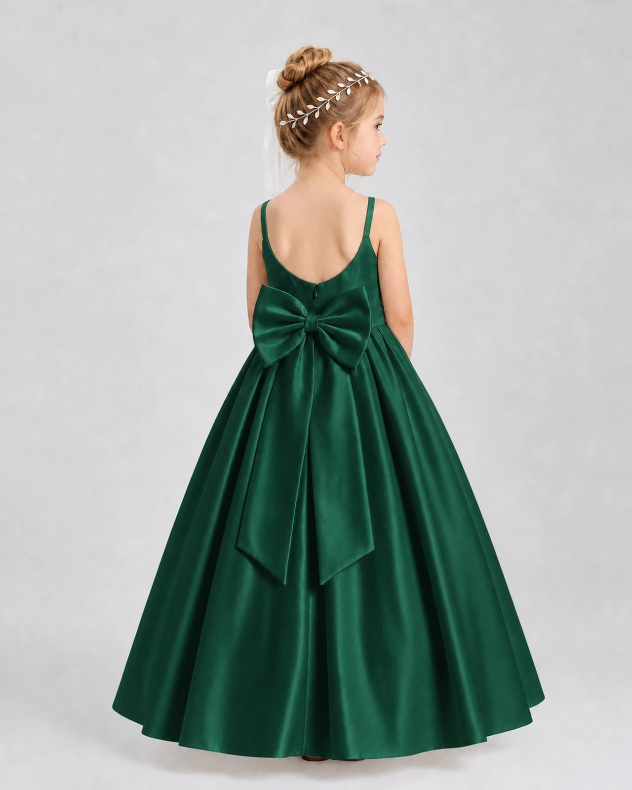 Dark Green Satin A-line Flower Girl Dress Back View