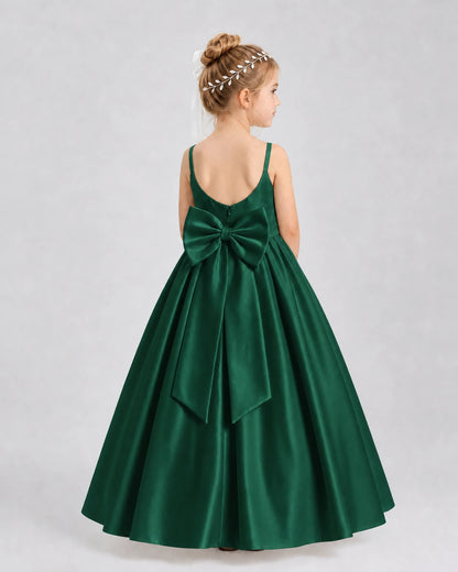 Dark Green Satin A-line Flower Girl Dress Back View