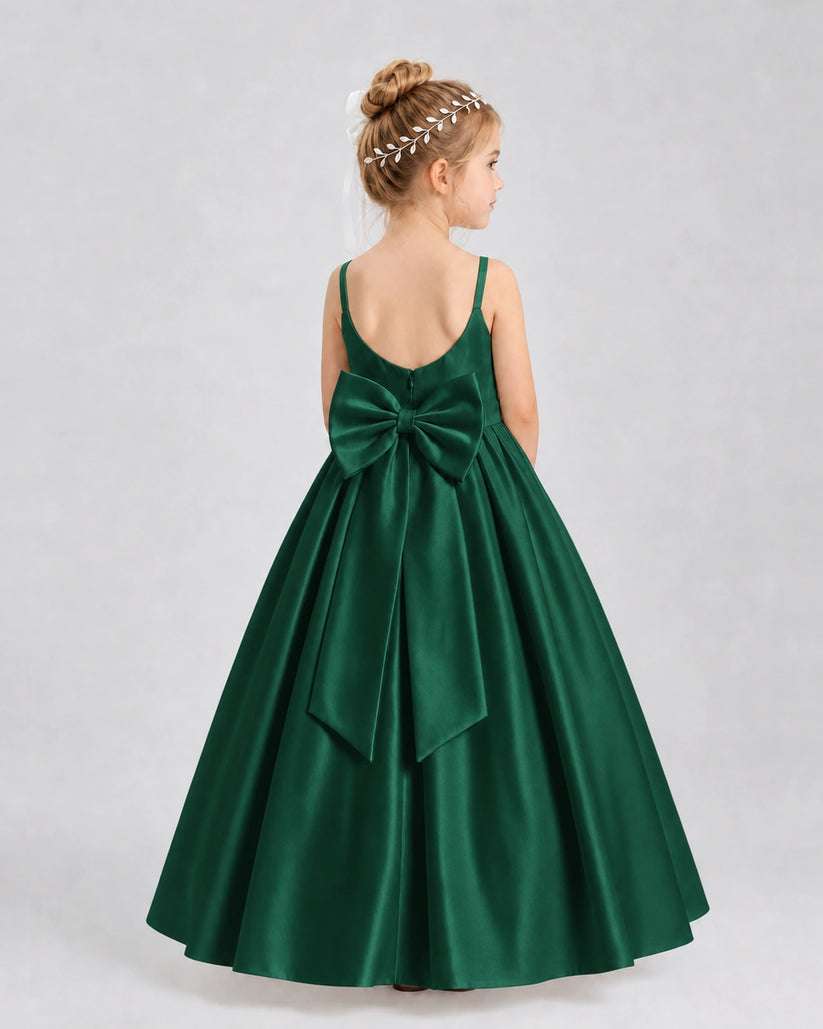 Dark Green Satin A-line Flower Girl Dress Back View