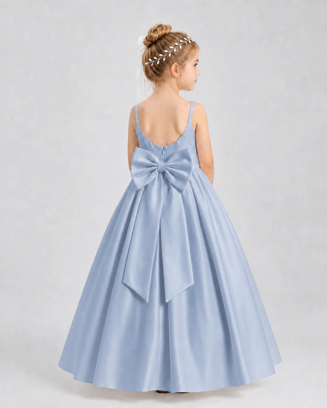 Dusty Blue Satin A-line Flower Girl Dress Back View