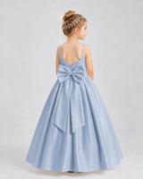 Dusty Blue Satin A-line Flower Girl Dress Back View