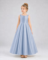 Dusty Blue Satin A-line Flower Girl Dress Front View