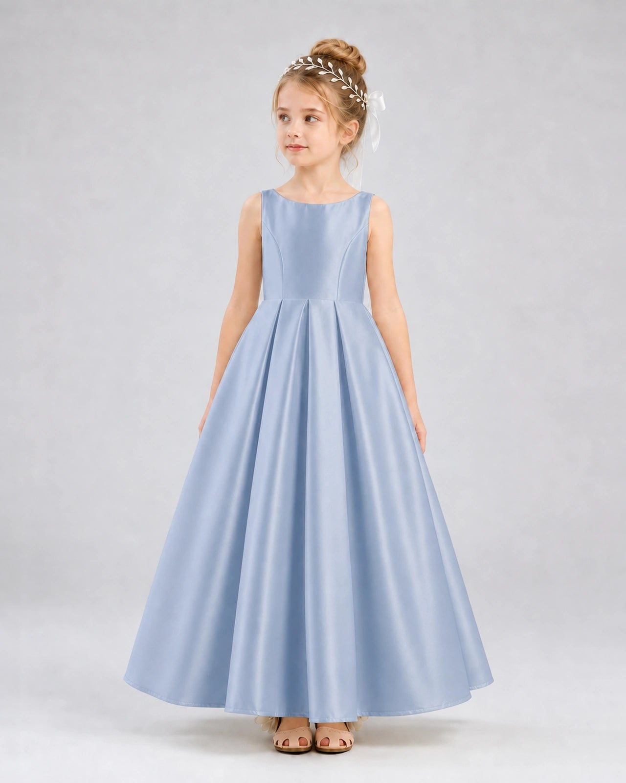 Dusty Blue Satin A-line Flower Girl Dress Front View