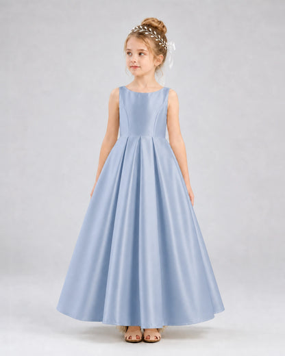 Dusty Blue Satin A-line Flower Girl Dress Front View