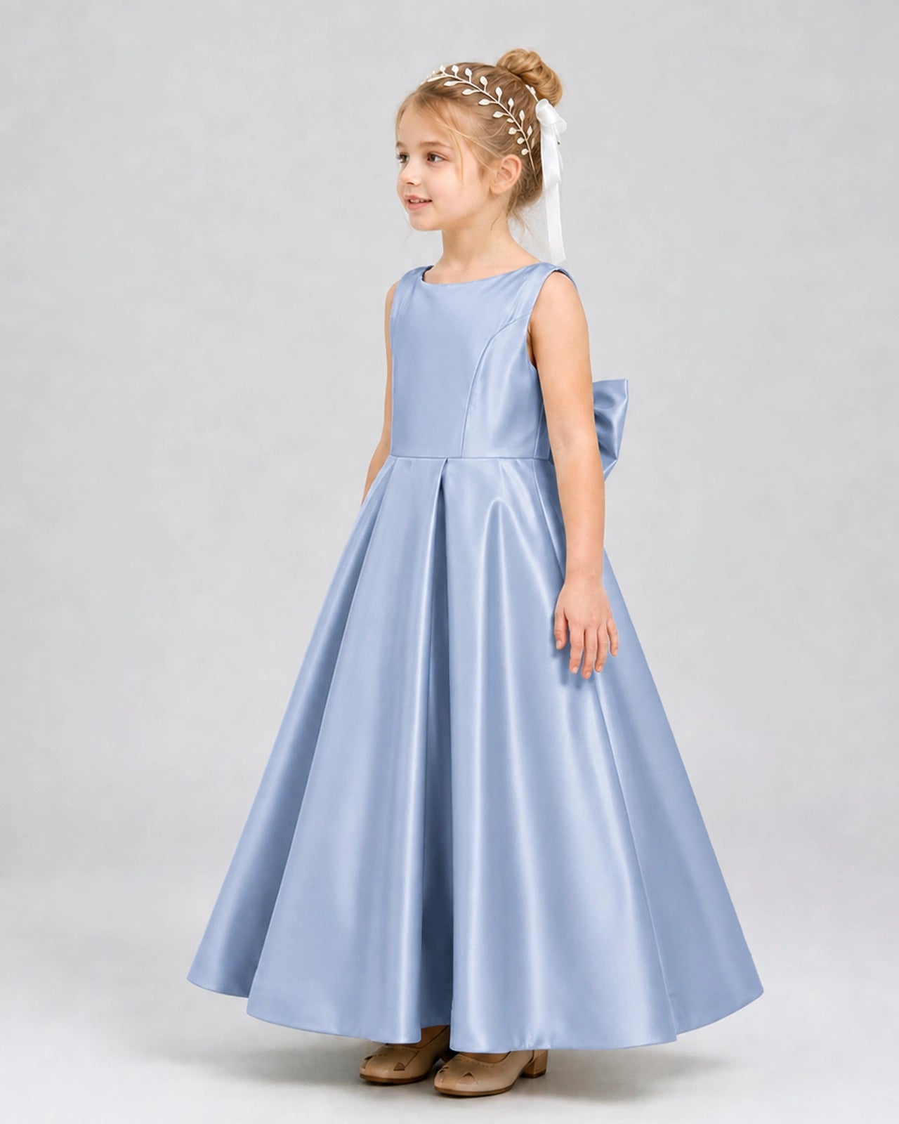 Dusty Blue Satin A-line Flower Girl Dress Side View