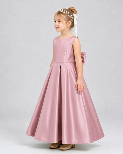 Dusty Rose Satin A-line Flower Girl Dress Side View