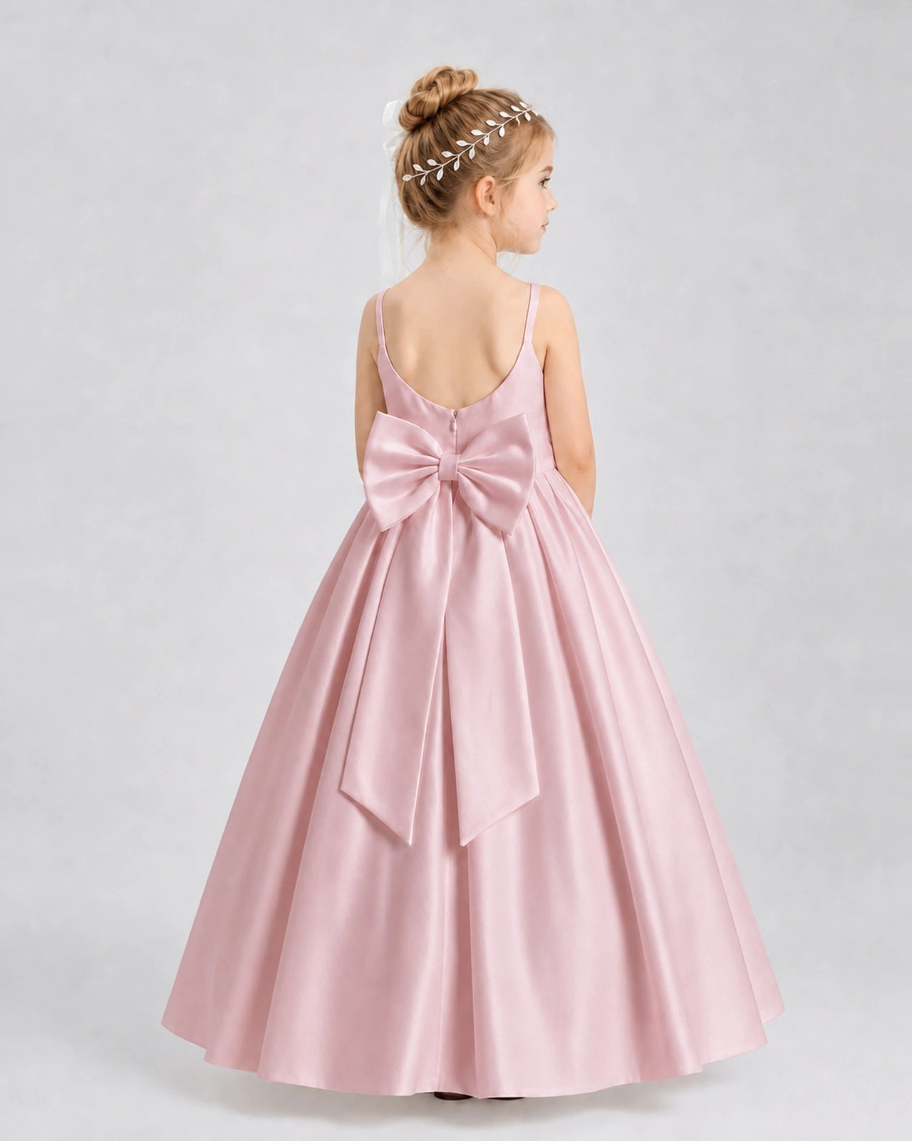 Dusty Rose Satin A-line Flower Girl Dress Back View