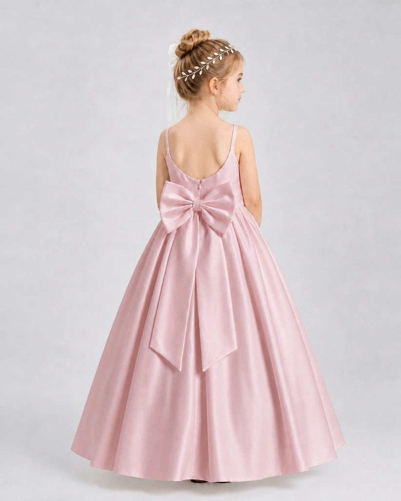 Dusty Rose Satin A-line Flower Girl Dress Back View