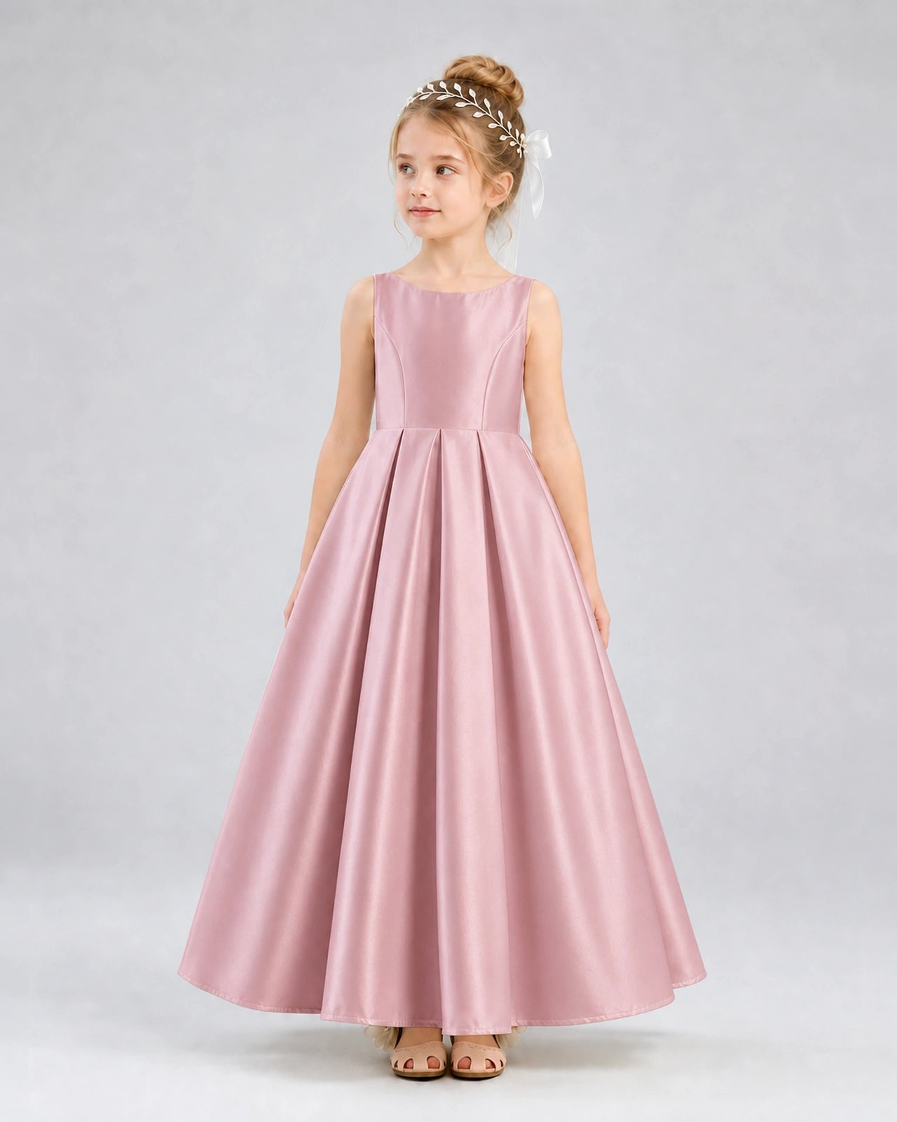 Dusty Rose Satin A-line Flower Girl Dress Front View