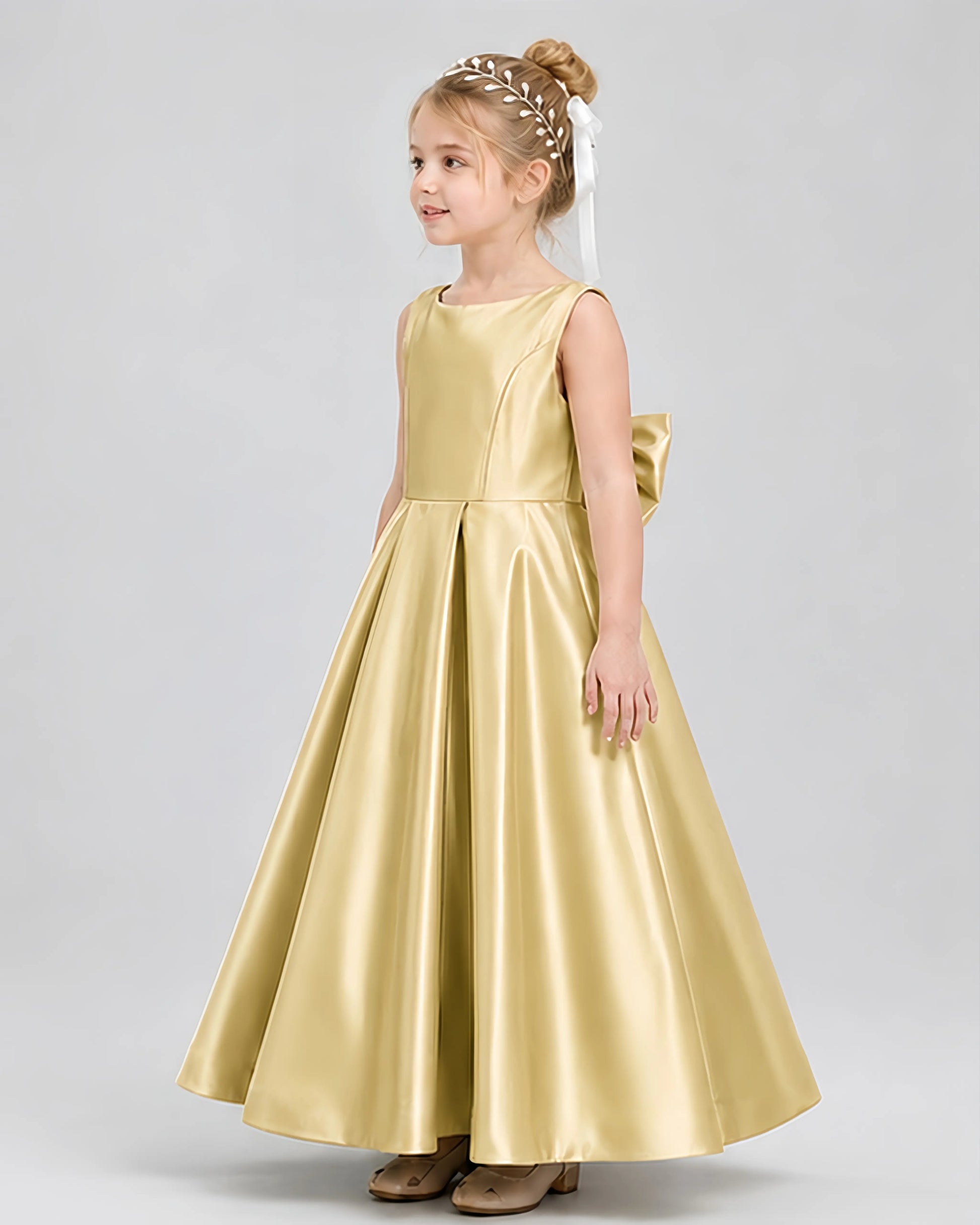 Gold Satin A-line Flower Girl Dress Side View