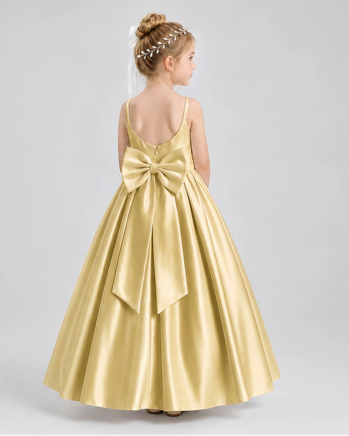 Gold Satin A-line Flower Girl Dress Back View
