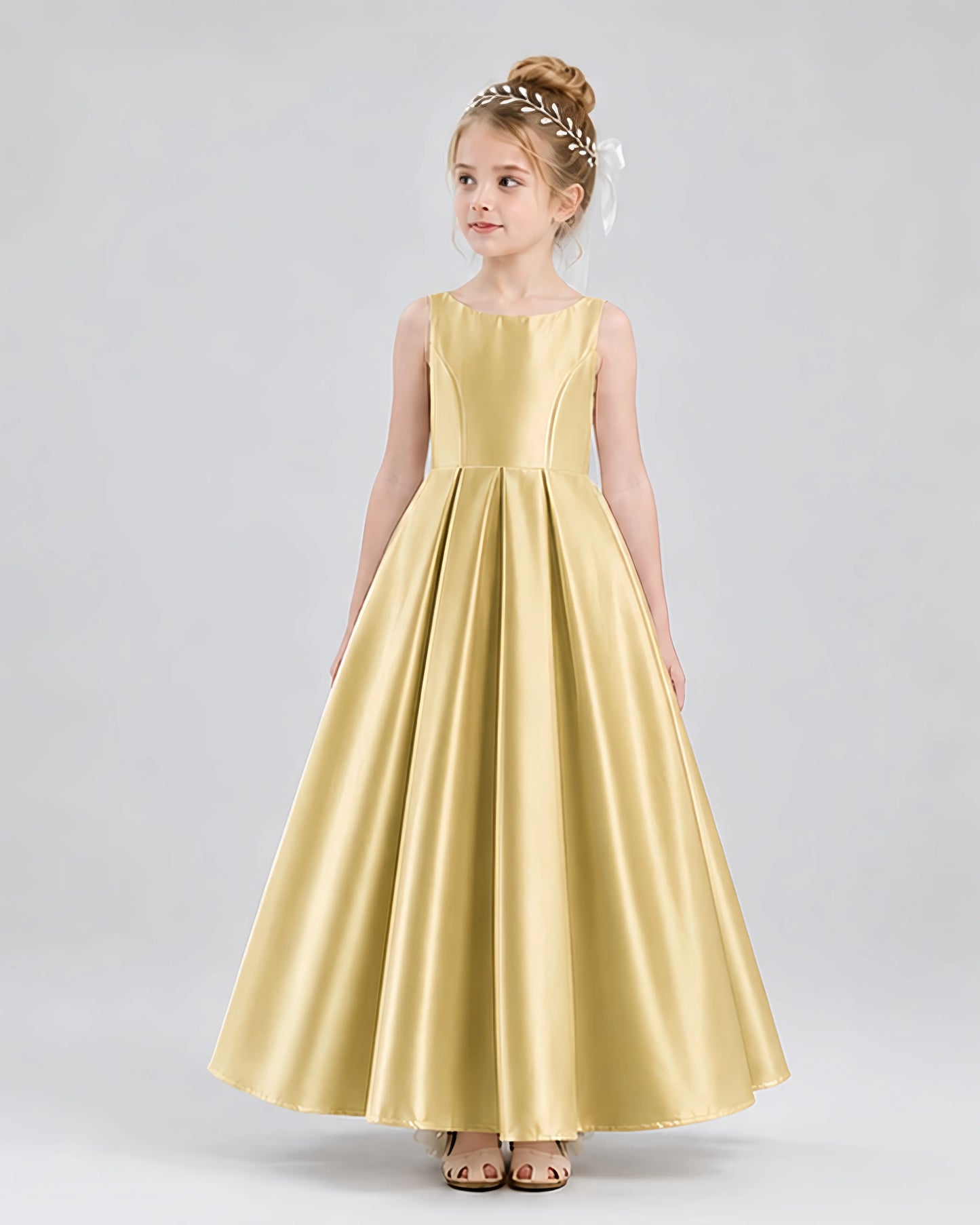 Gold Satin A-line Flower Girl Dress Front View
