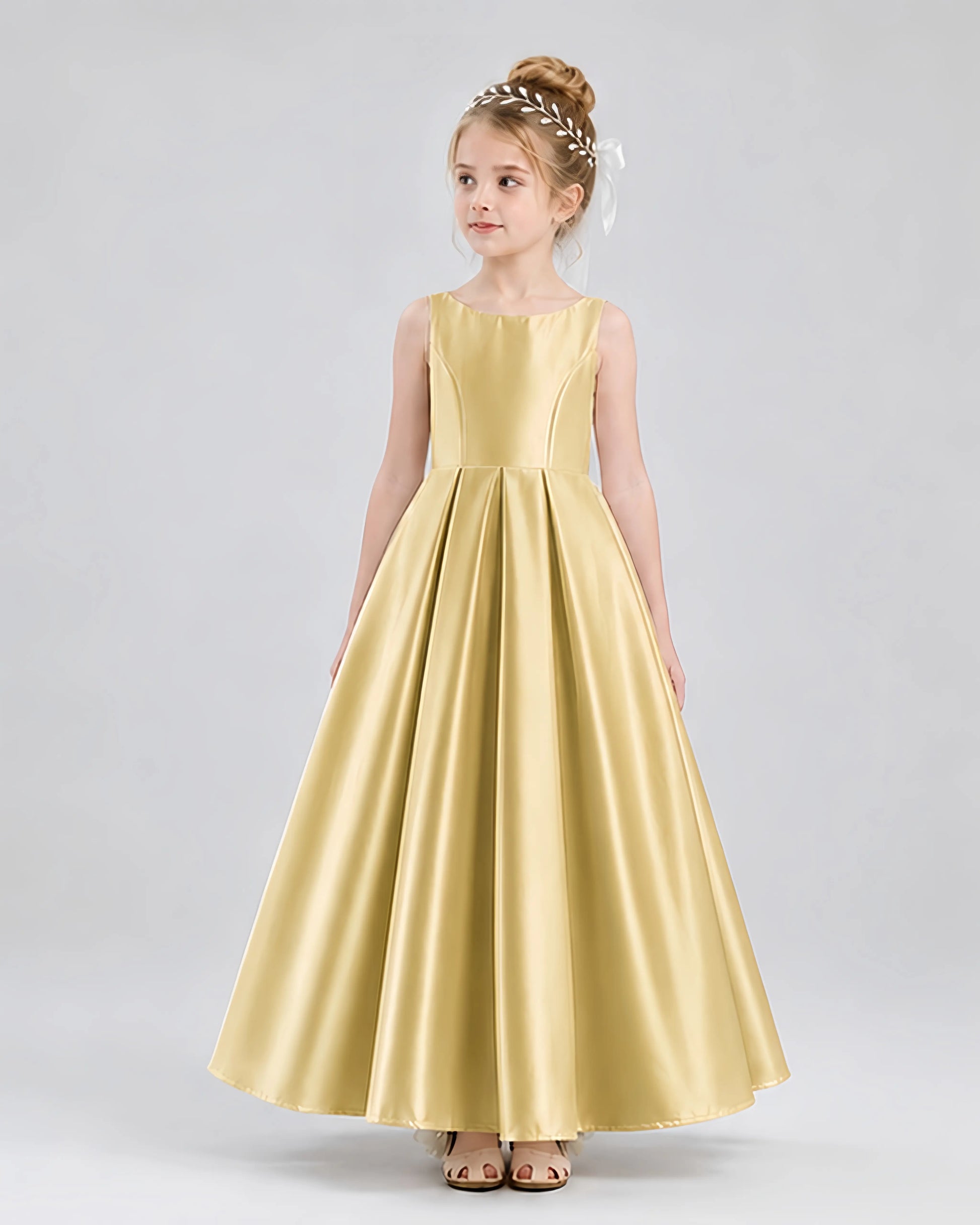 Gold Satin A-line Flower Girl Dress Front View