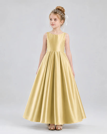 Gold Satin A-line Flower Girl Dress Front View