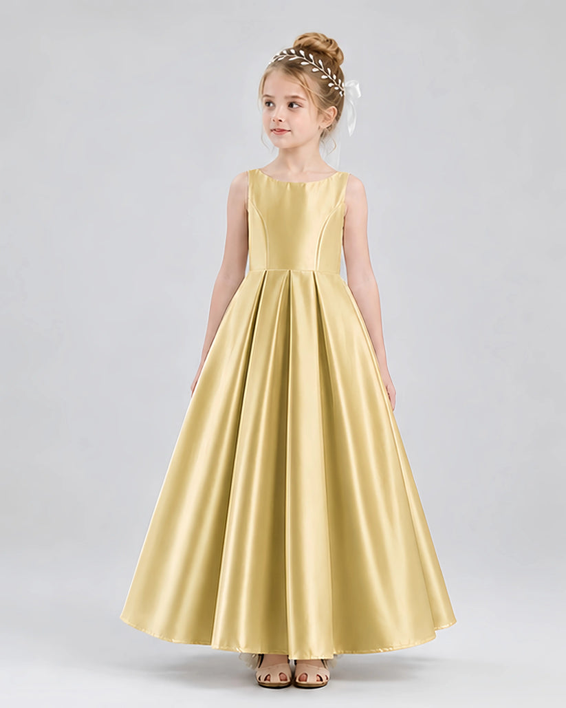 Gold Satin A-line Flower Girl Dress Front View