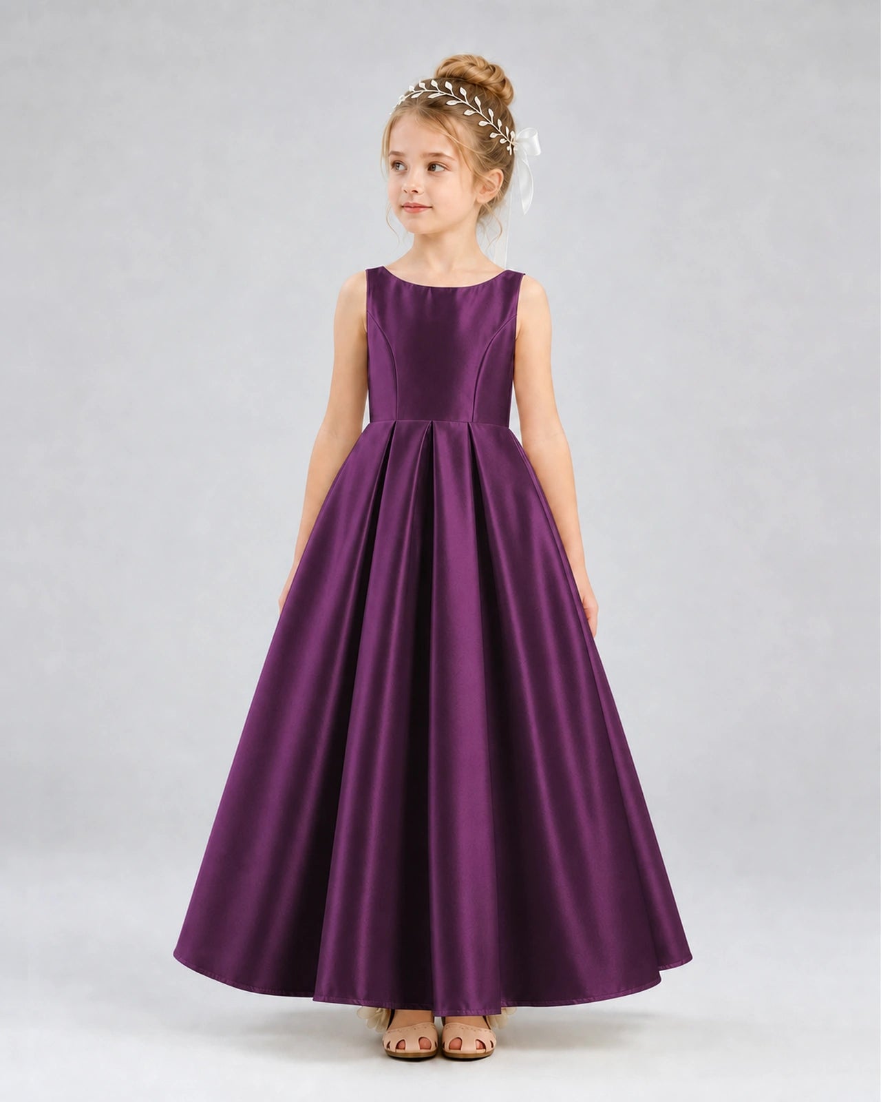 Grape Satin A-line Flower Girl Dress Front View