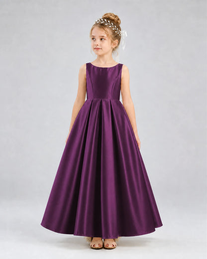 Grape Satin A-line Flower Girl Dress Front View