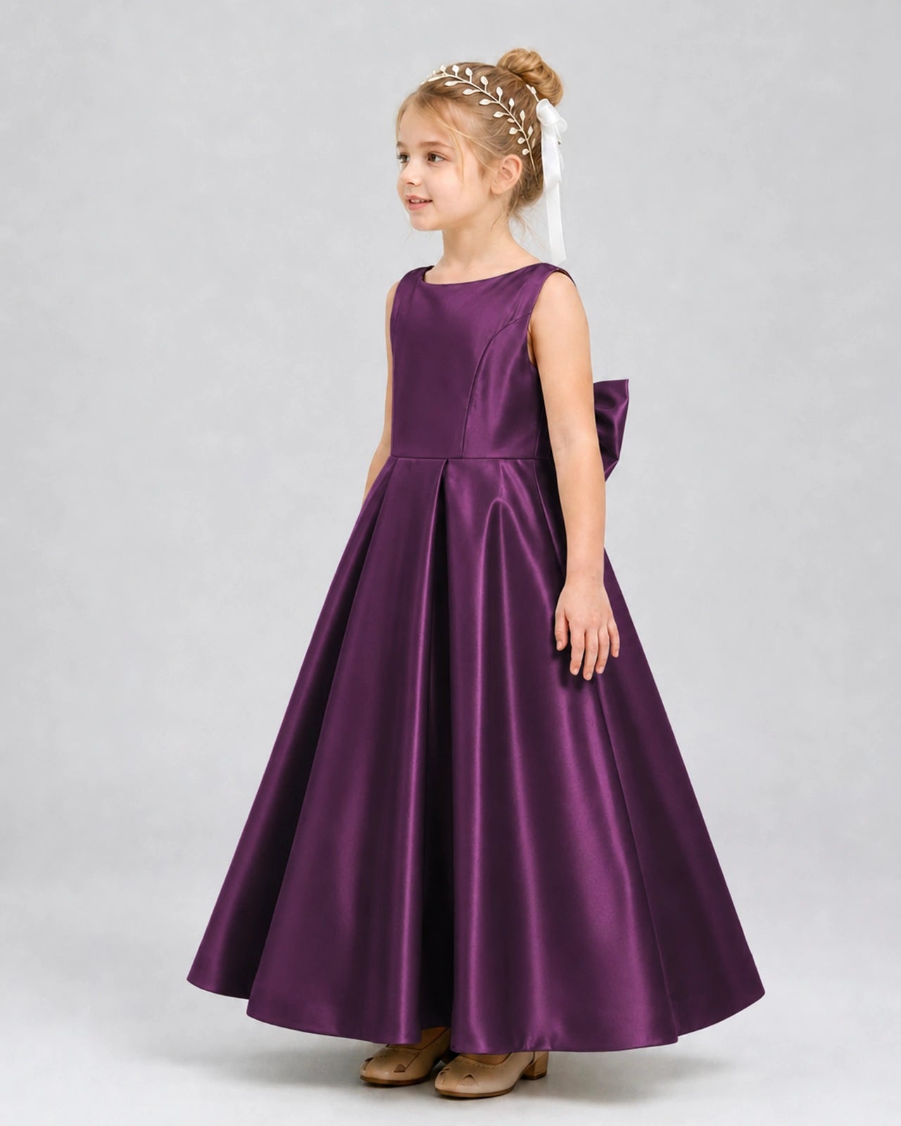 Grape Satin A-line Flower Girl Dress Side View