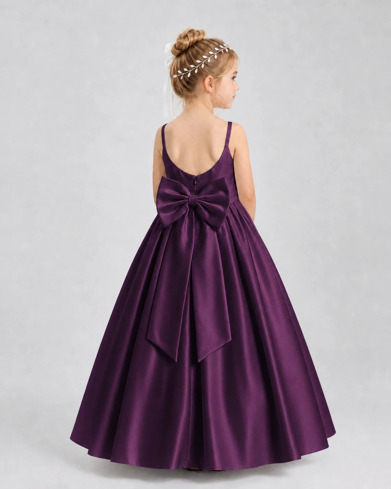 Grape Satin A-line Flower Girl Dress Back View