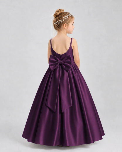 Grape Satin A-line Flower Girl Dress Back View
