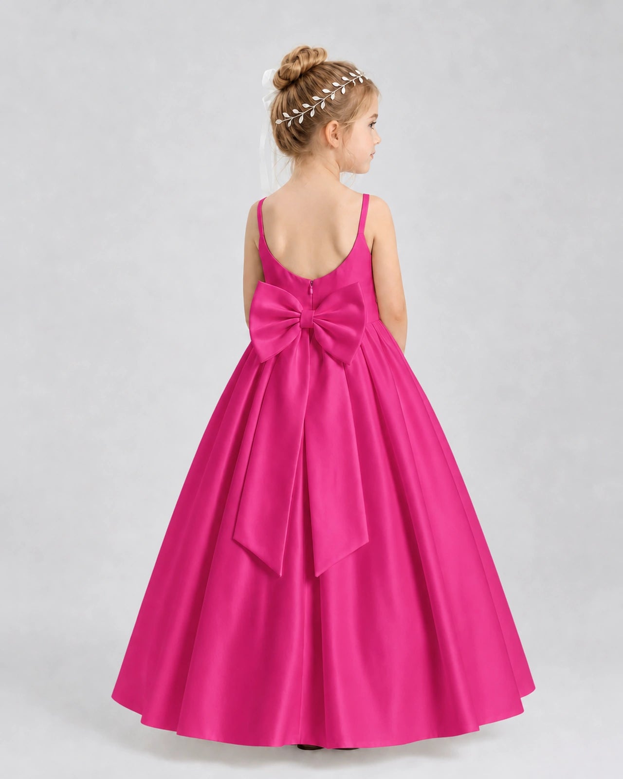 Hot Pink Satin A-line Flower Girl Dress Back View