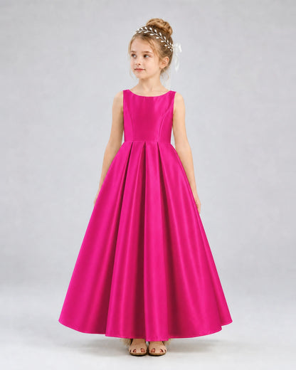 Hot Pink Satin A-line Flower Girl Dress Front View