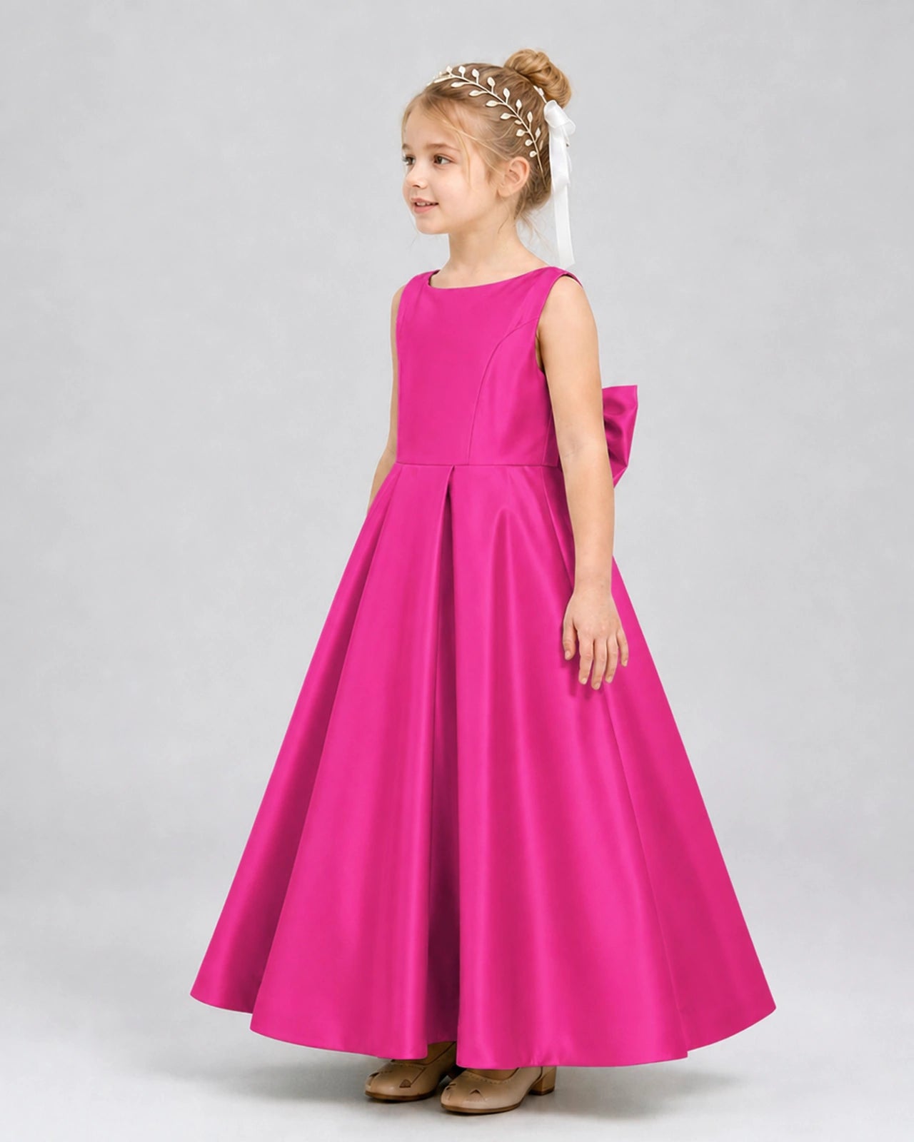 Hot Pink Satin A-line Flower Girl Dress Side View