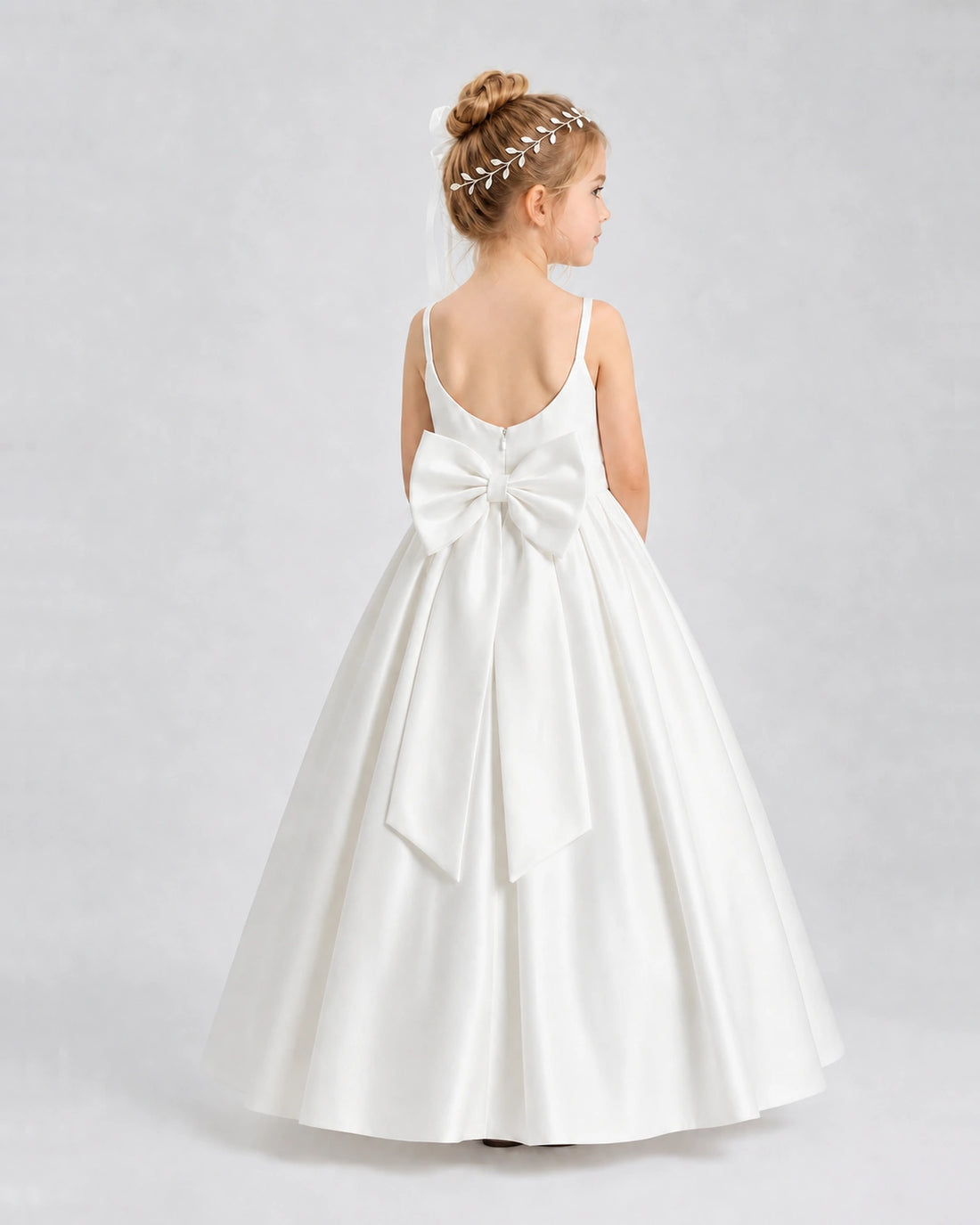 Ivory Satin A-line Flower Girl Dress Back View