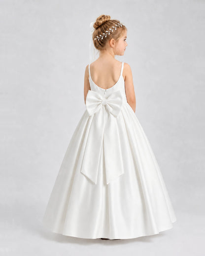 Ivory Satin A-line Flower Girl Dress Back View