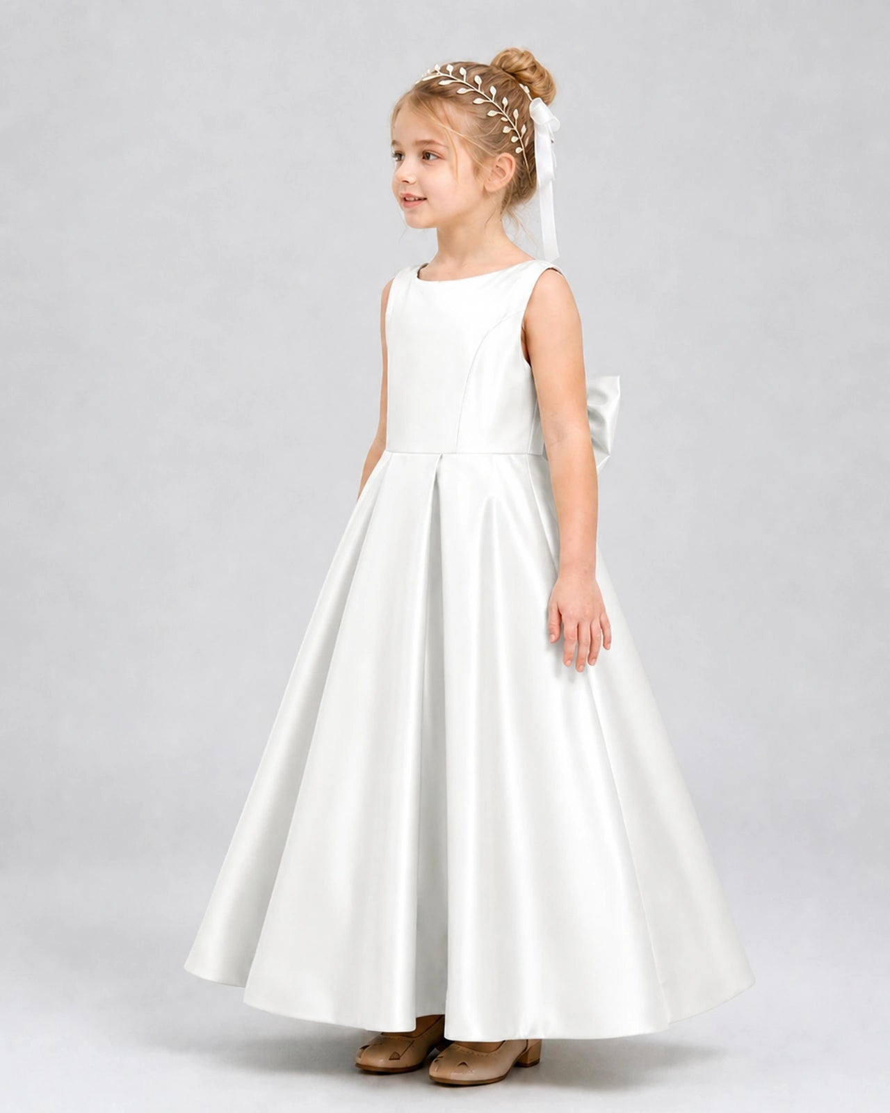 Ivory Satin A-line Flower Girl Dress Side View