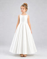 Ivory Satin A-line Flower Girl Dress Front View