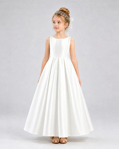 Ivory Satin A-line Flower Girl Dress Front View